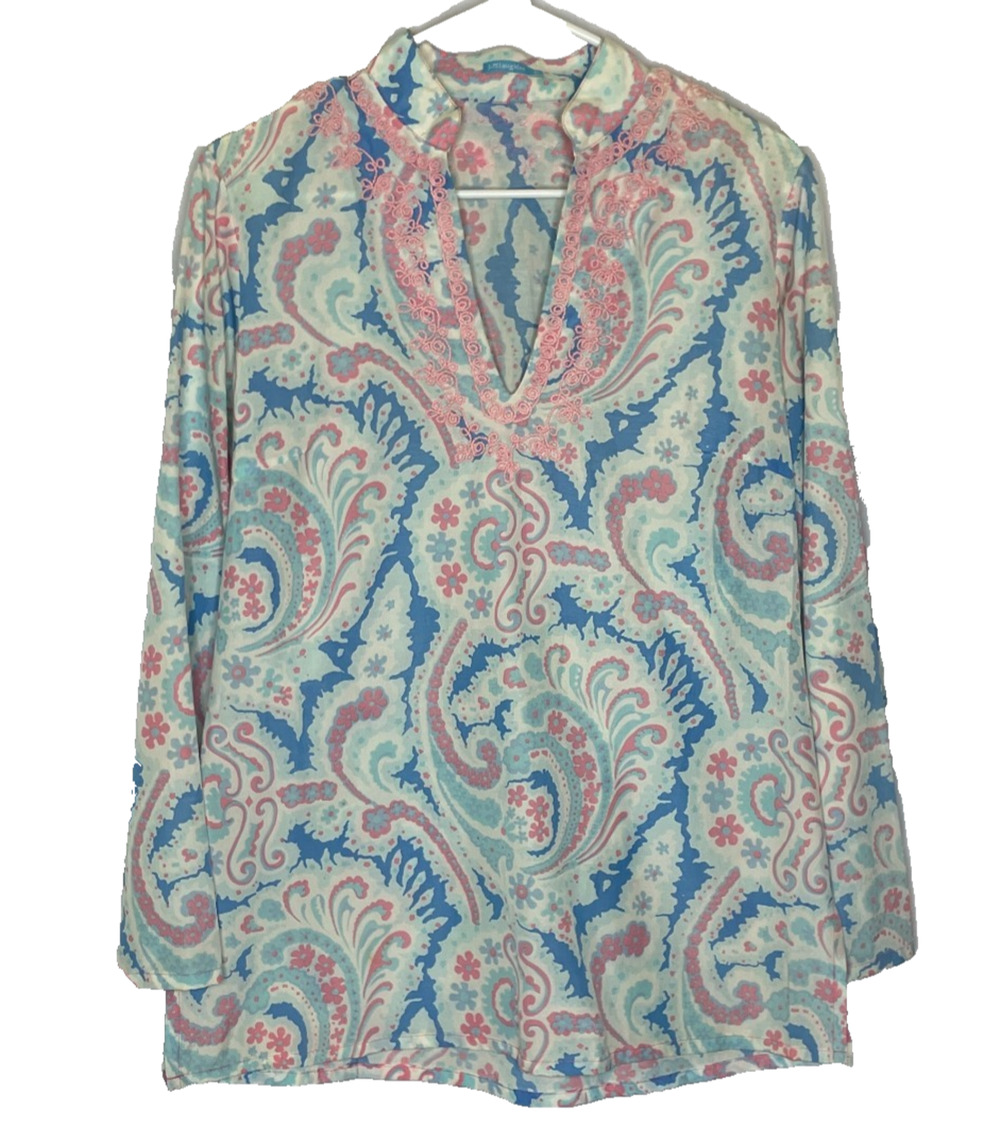 Womens 6 J.McLaughlin Pastel Silk Cotton Embroidered Tunic Floral Pattern Blouse